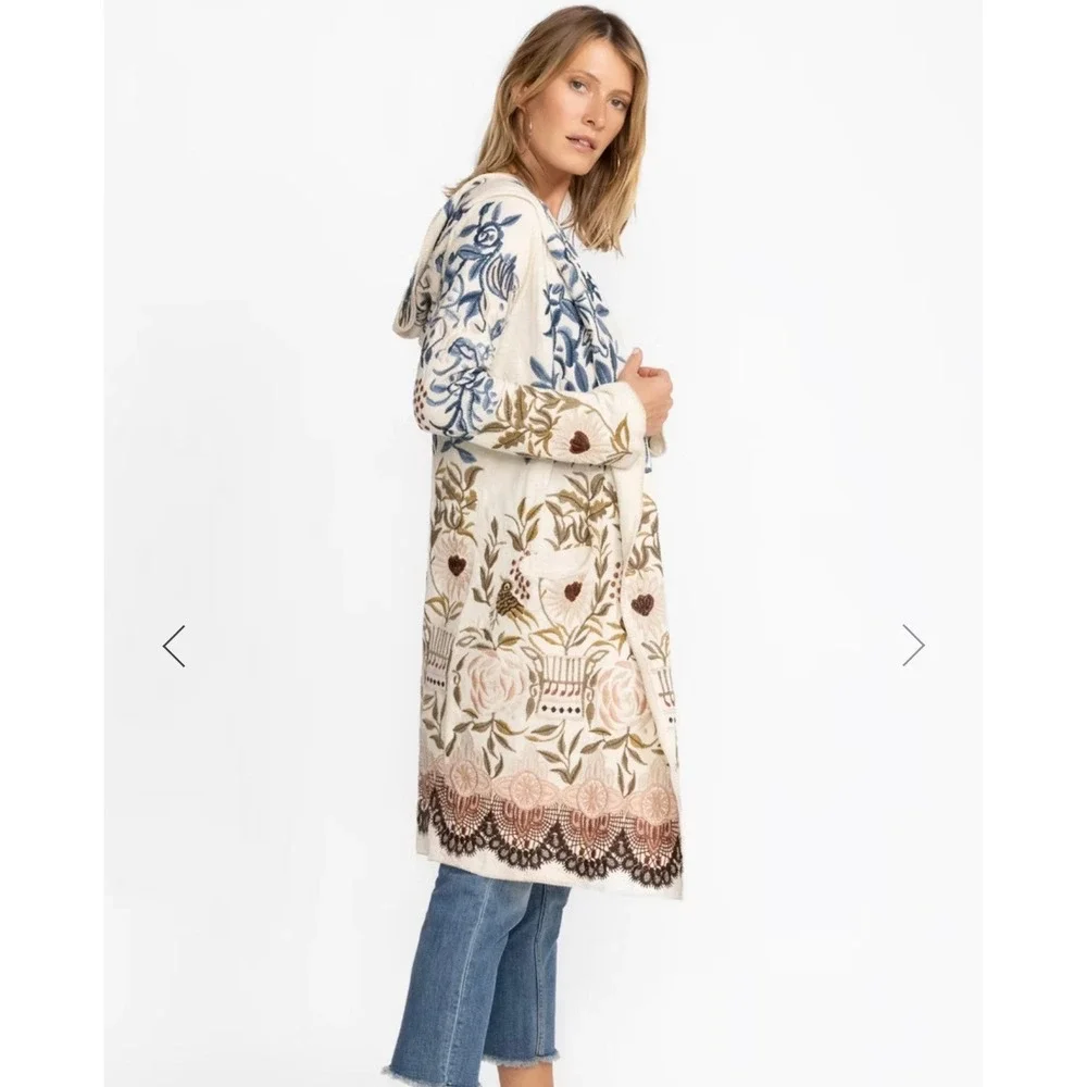 Biya Johnny Was Teresa Embroidered Hooded Cardigan Duster Ecru Bird Floral Small